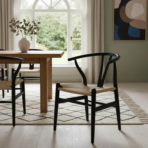 Silla Makom Wishbone De Madera Y Asiento De Mimbre Sintético Negro Natural