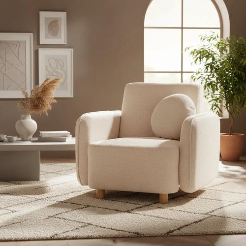 Sofá Teddy 1 Cpo Tapizado Bouclé Soft Con Almohadón Redondo Beige Bouclé Soft