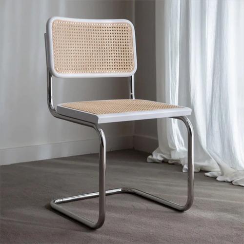 Set X4 Sillas Cesca De Comedor Cocina Caño Y Madera Rattan Ratán Cromo Blanco