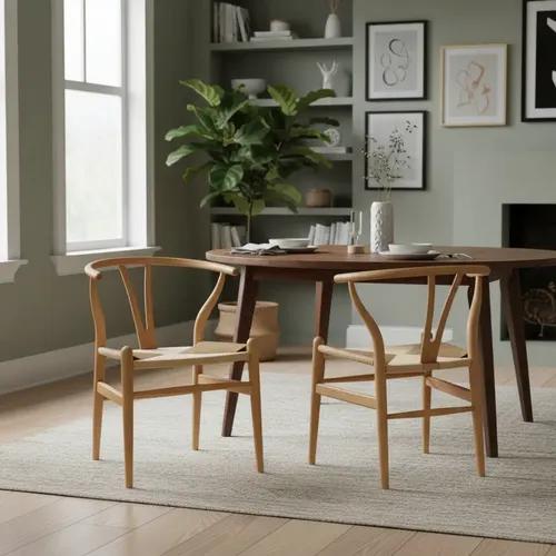Set X2 Sillas Wishbone Nórdica Moderna Madera Comedor Cocina Rafia Marrón Claro