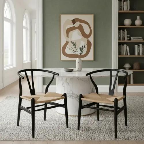 Set X2 Sillas Wishbone Nórdica Moderna Madera Comedor Cocina Rafia Negro Marrón Claro