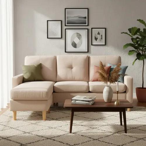 Sofá Esquinero Classic 3cpos Con Puff Lino Antimanchas Makom Beige Lino