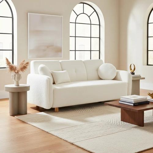 Sofá Teddy 3 Cpos Tapizado Bouclé Soft 2 Almohadones Redondo Blanco Bouclé Soft
