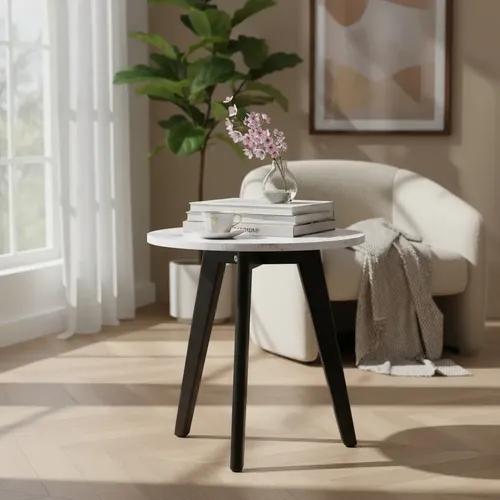 Mesa Baja - Ratona Fly Símil Mármol Patas De Madera 40 Cm. Negro