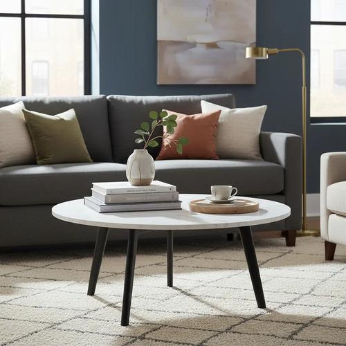 Mesa Baja - Ratona Icon Símil Mármol Patas De Madera 80 Cm. Negro