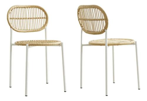 Set X2 Sillas Hilo Sintético Simil Bambú Caño Comedor Cocina Bambú Blanco Marrón Claro