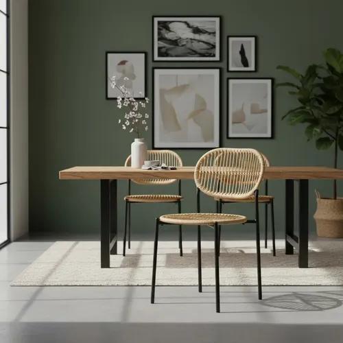 Silla En Hilo Sintético Simil Bambú Y Caño De Comedor Cocina Bambú Negro Marrón Claro