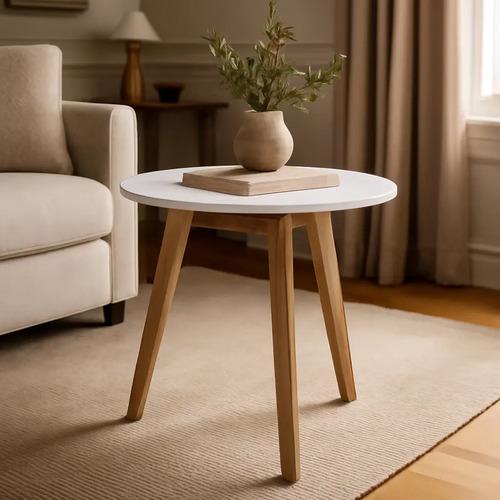 Mesa Baja - Ratona Fly Símil Mármol Patas De Madera 40 Cm. Marrón Claro