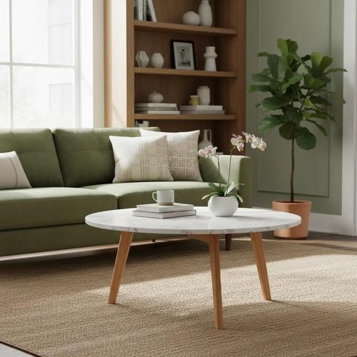 Mesa Baja - Ratona Icon Símil Mármol Patas De Madera 80 Cm. Marrón Claro